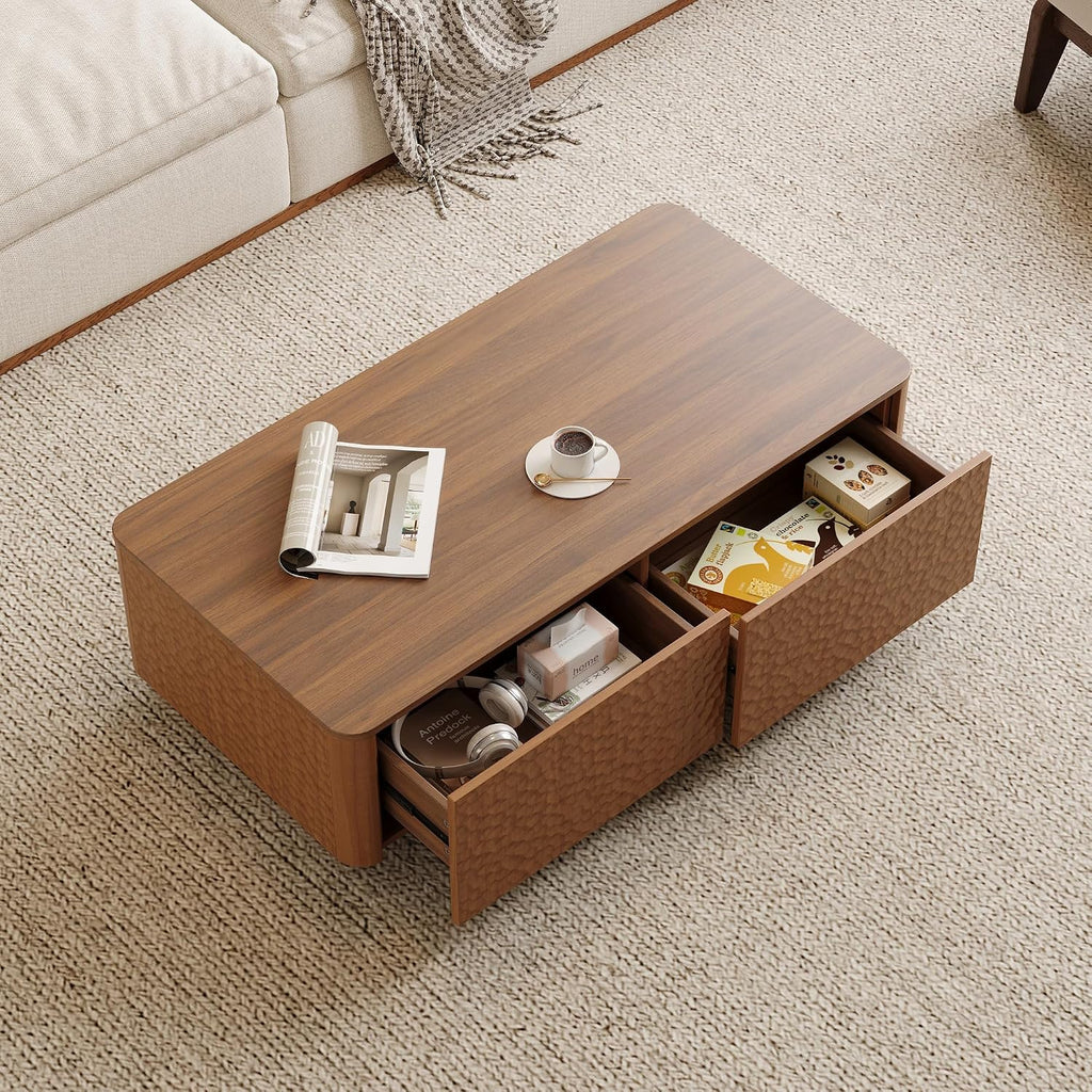 SSLine 47.2' Hammered Wood Coffee Table with 2 Storage Drawers, Modern Rectangle Center Table with Curved Edges & Textured Finish for Living Room Home Office,Brown
