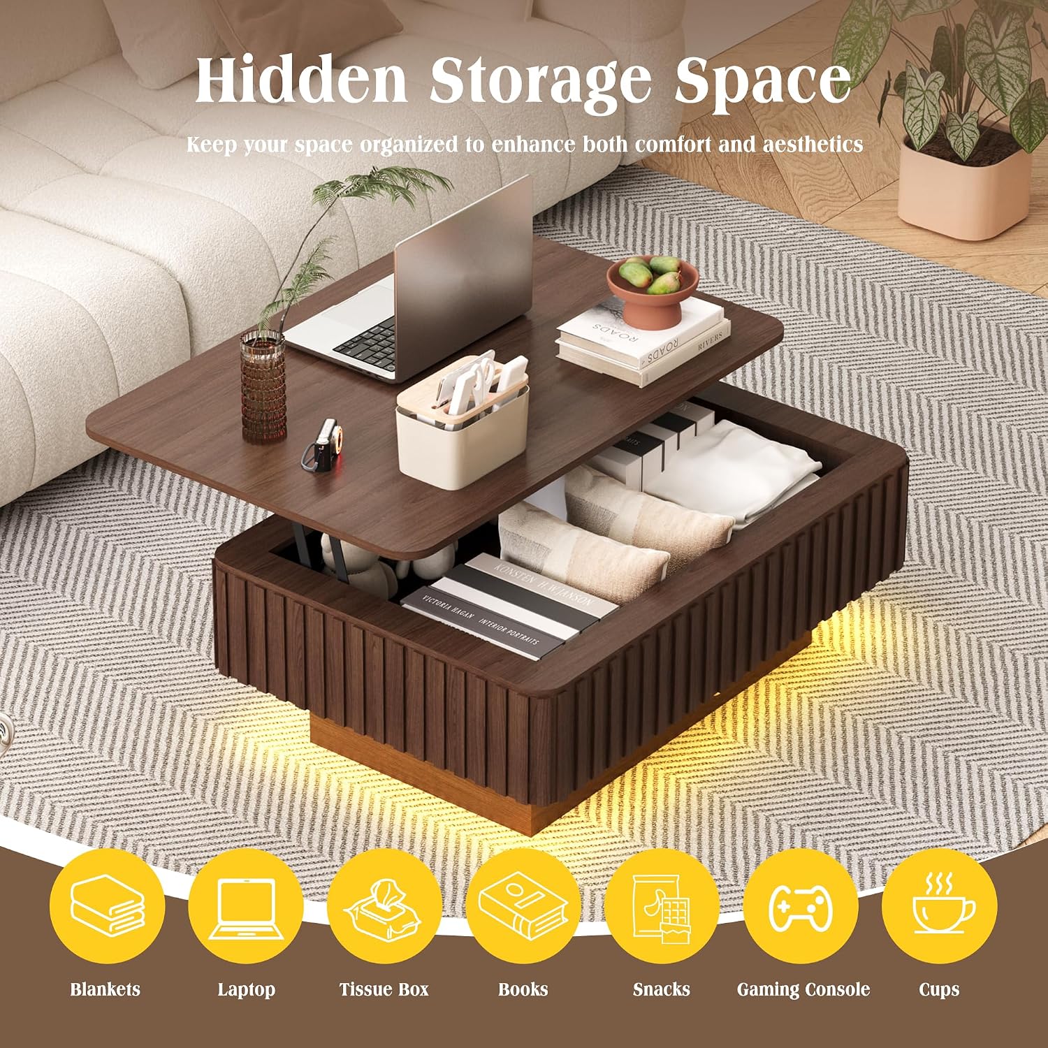 MAGIC UNION 38.6' Fluted Lift Top Coffee Table with Storage, Large Mid Century Modern Coffee Table with LED Lights & Charging Station, Center Table for Living Room, Home Office, Walnut