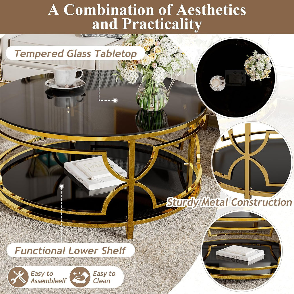 Merax 30.7' Round Tempered Glass Coffee Table, Luxurious Gold Geometric Metal Frame Side Table with Lower Storage Shelf, Modern Accent End Tables for Living Room, Bedroom, Apartment, Office, Black