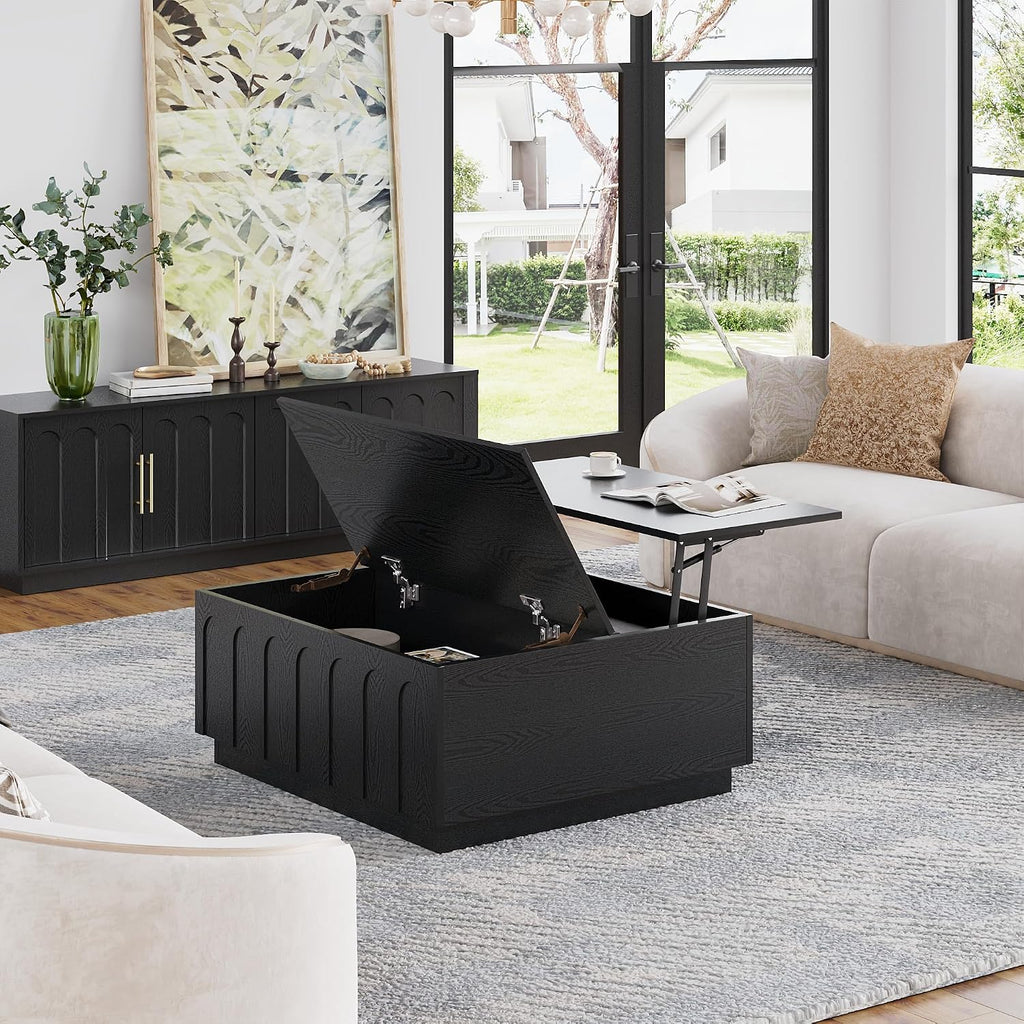 FORTUNETEC Lift Top Coffee Table with Storage, Modern Coffee Table with Arched Design, 31.5' Square Tea Table with Wood Grain, Minimalist Multifunctional Center Table for Living Room, Office, Black