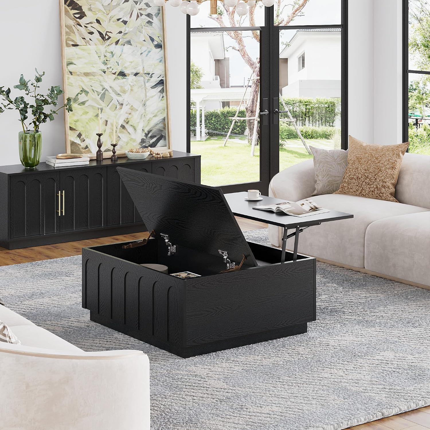 FORTUNETEC Lift Top Coffee Table with Storage, Modern Coffee Table with Arched Design, 31.5' Square Tea Table with Wood Grain, Minimalist Multifunctional Center Table for Living Room, Office, Black