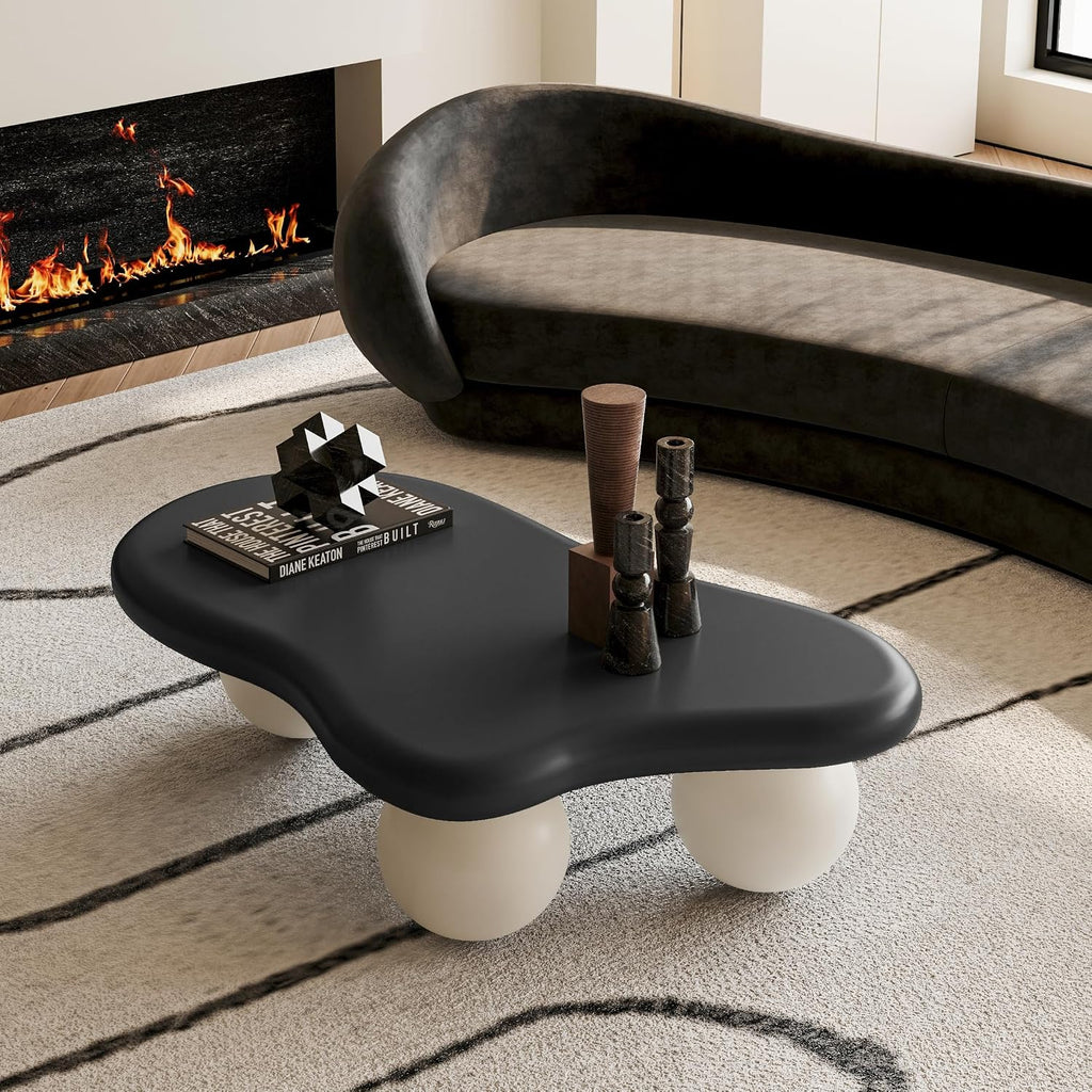 40' Cloud Coffee Table for Living Room Irregular Coffee Table Modern Low Coffee Tables Abstract Faux Stone Cute Center Table with 3 Ball Legs for Small Space Apartment (Black & White)