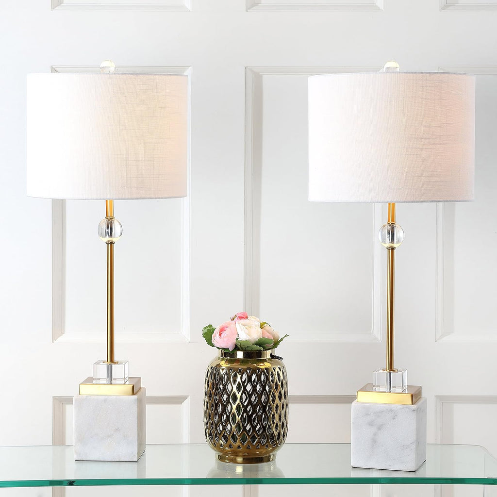 JONATHAN Y 30' White Marble and Brass Gold LED Table Lamp Set of 2, Modern Glam Crystal Pedestal Lamps for Living Room Bedroom, White Linen Shade, LED Bulbs Included JYL5008A-SET2