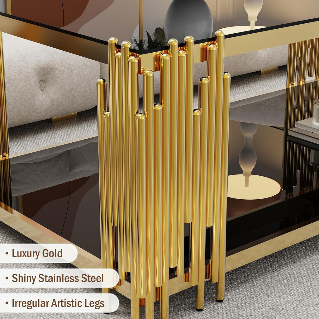 Glass Coffee Table Set of 3, End Table Modern Living Room Table Rectangle Clear Tempered Glass Stainless Steel Leg, Square Side Table for Home Furniture Set (Black-2, 51' Set of 3)