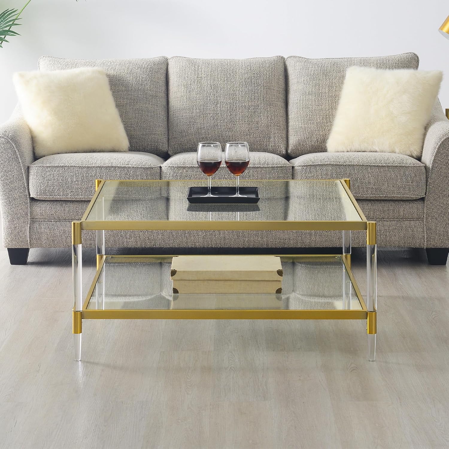 Convenience Concepts Royal Crest Acrylic Glass Square Coffee Table 34' - Modern 2-Tier Tempered Glass Living Room Table with Storage Shelf, Gold Chrome Frame Table with Acrylic Legs, Gold