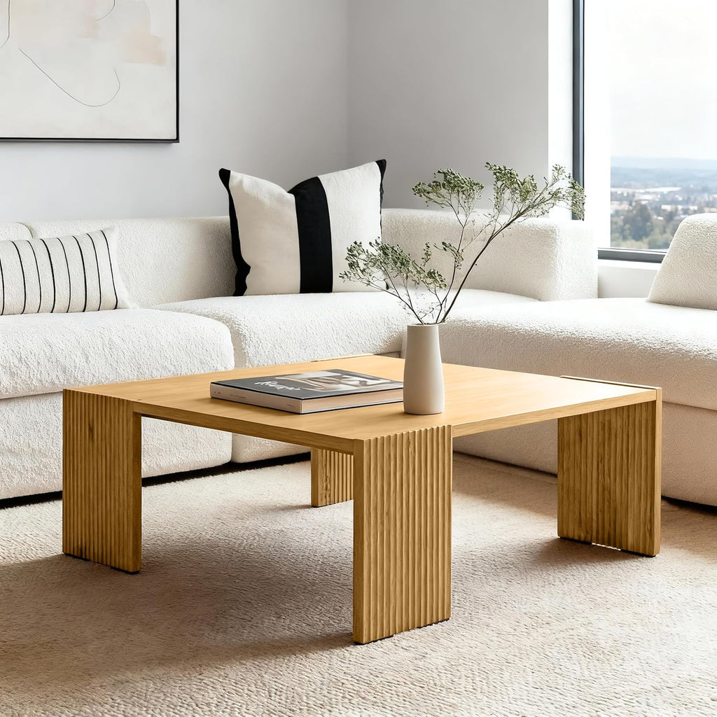 39.37'' Large Square Coffee Table, Solid Ash Wood Coffee Table Accent Table for Living Room, Modern Side Table with Soft Padded Feet and Textured Legs, Natural Wood Color