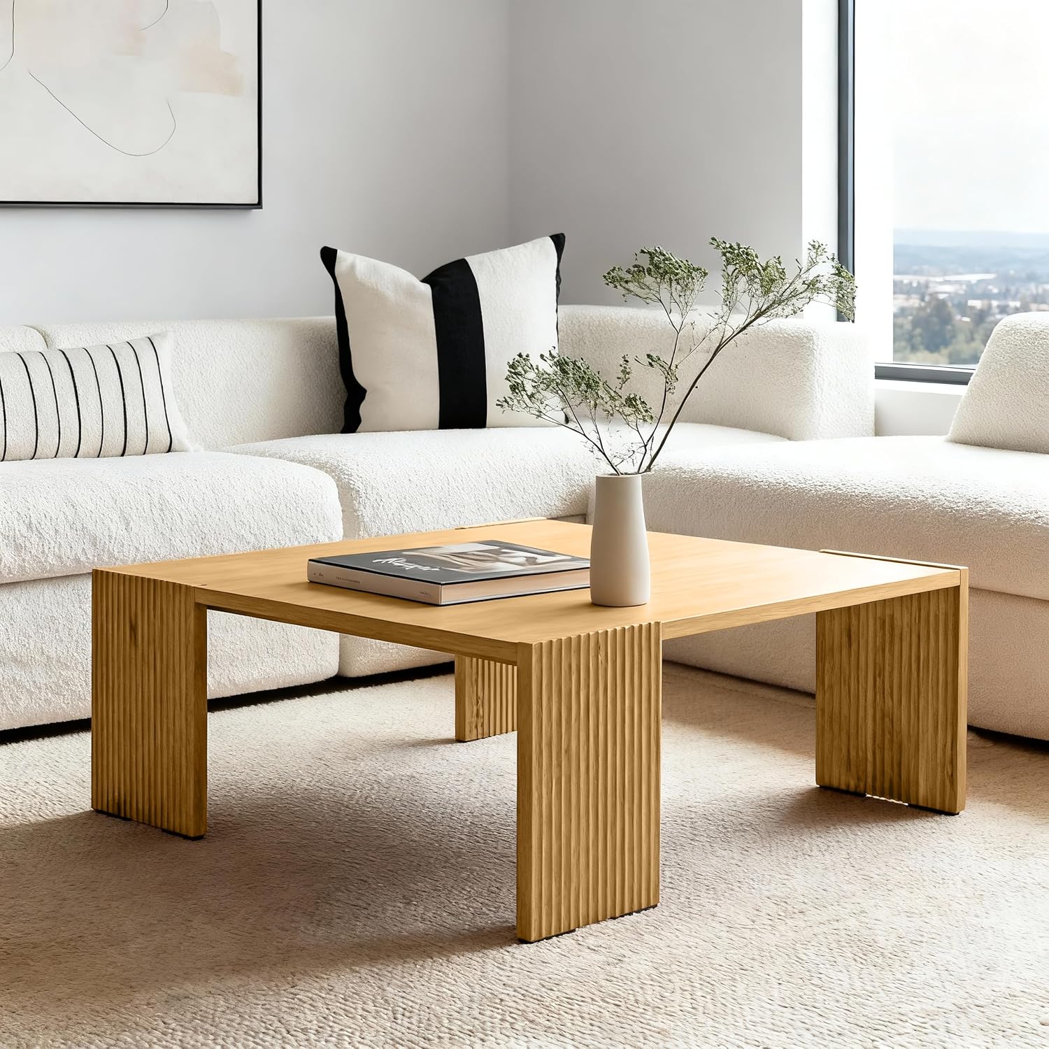 39.37'' Large Square Coffee Table, Solid Ash Wood Coffee Table Accent Table for Living Room, Modern Side Table with Soft Padded Feet and Textured Legs, Natural Wood Color