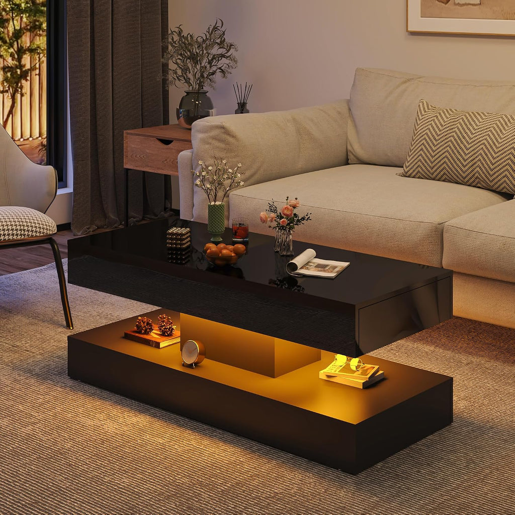 47.2' Modern High Glossy LED Coffee Table with 2 Sliding Storage Drawers, Black Living Room Tables for Living Rooms,Dining Room,Bedroom Home Office,APP LED Lights(Black)