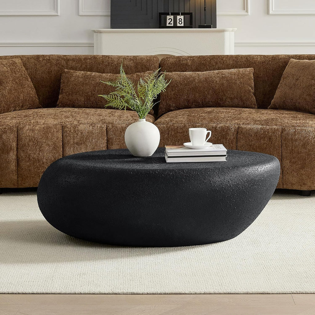 43.3' Fiberglass Elliptical Oval Vintage Coffee Table for Living Room,Irregular Center Matte Rocks Table Front of The Sofa,No Need Assembly,Black