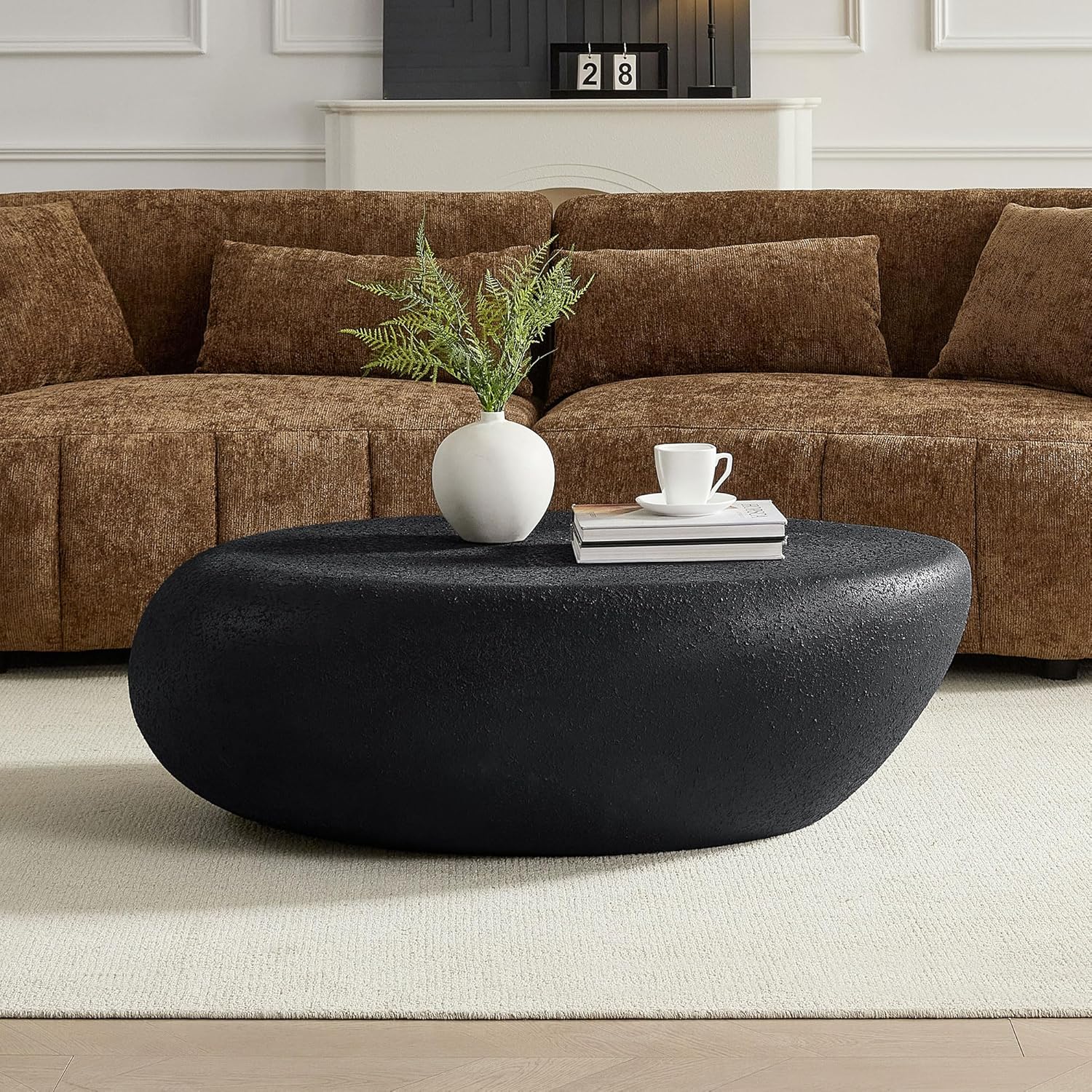 WILLIAMSPACE 43.3' Oval Coffee Table with Grainy Matte Rocks Pattern, Modern Irregular Center Table, Drum Fiberglass Coffee Table Accent Side Table End Table for Living Room (Black)