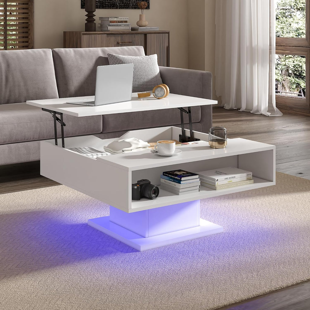 Square Lift Top Coffee Table with Storage, White Led Coffee Table for Living Room with Large Hidden Storage, 30.7' Wood Table Led Center Table for Dining Reception Room