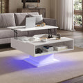 Square Lift Top Coffee Table with Storage, White Led Coffee Table for Living Room with Large Hidden Storage, 30.7' Wood Table Led Center Table for Dining Reception Room
