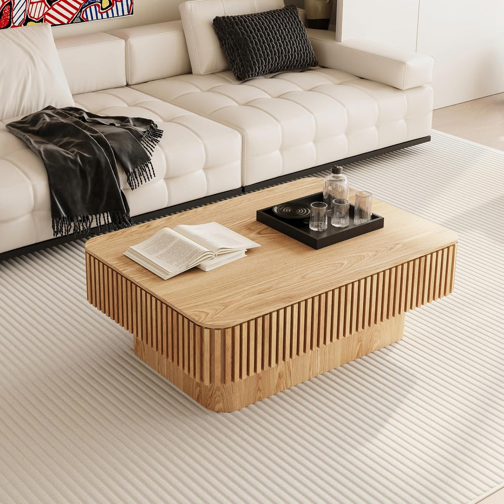 Lift Coffee Table with Storage & Adjustable Height, Solid Wood Coffee Table Fluted Center Table Accent Tea Table or Living Room, Apartment, Office (38.6' Natural)
