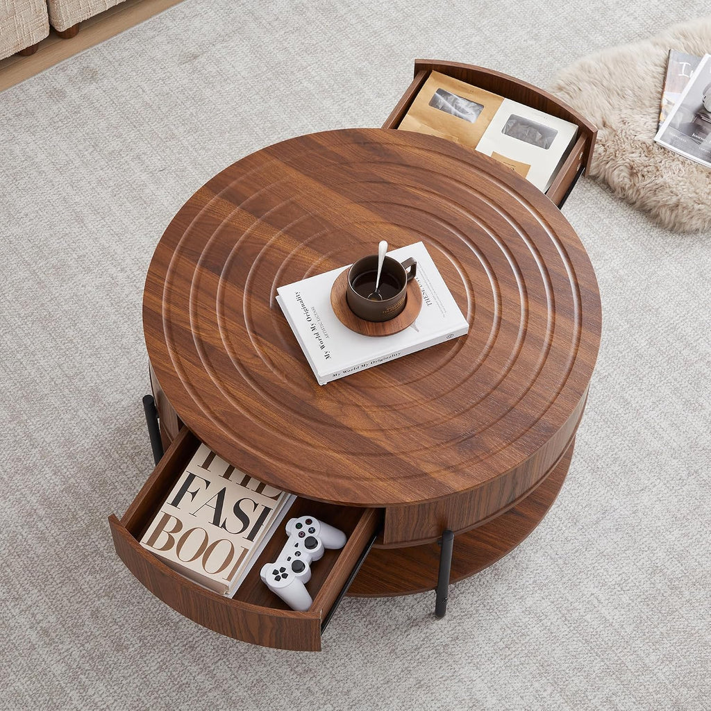 RARZOE 30.5' Round Coffee Table with Storage, Wooden Circle Coffee Table with Drawer, Storage Shelf, Metal Legs，Small Dining Table Accent Center Table for Living Room Home Office Apartment,Walnut