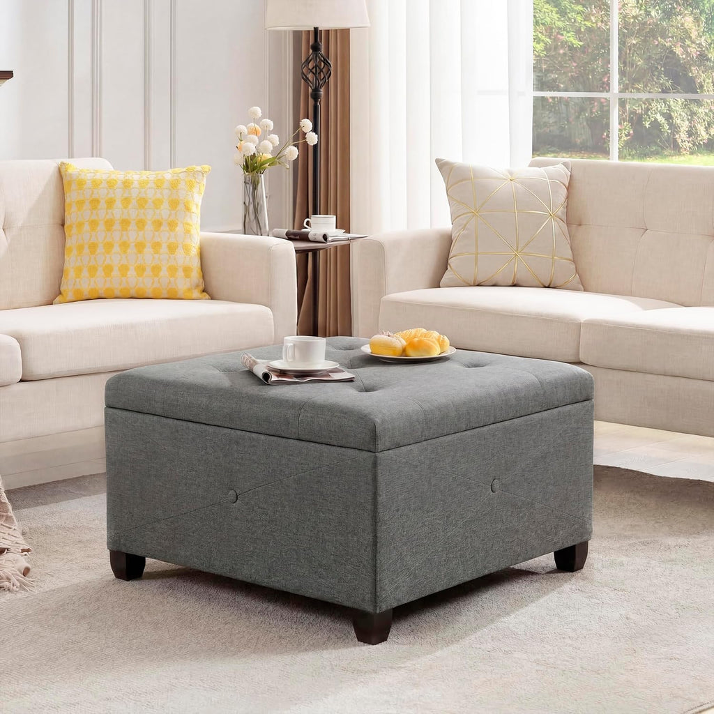 Homebeez 28.5' Tufted Storage Ottoman Bench | Multi-Panel Reinforced Fabric with Safety Pressure Hinges | for Living Room, Bedroom, Entryway | Foot Rest, Linen Ottoman, Cement Grey