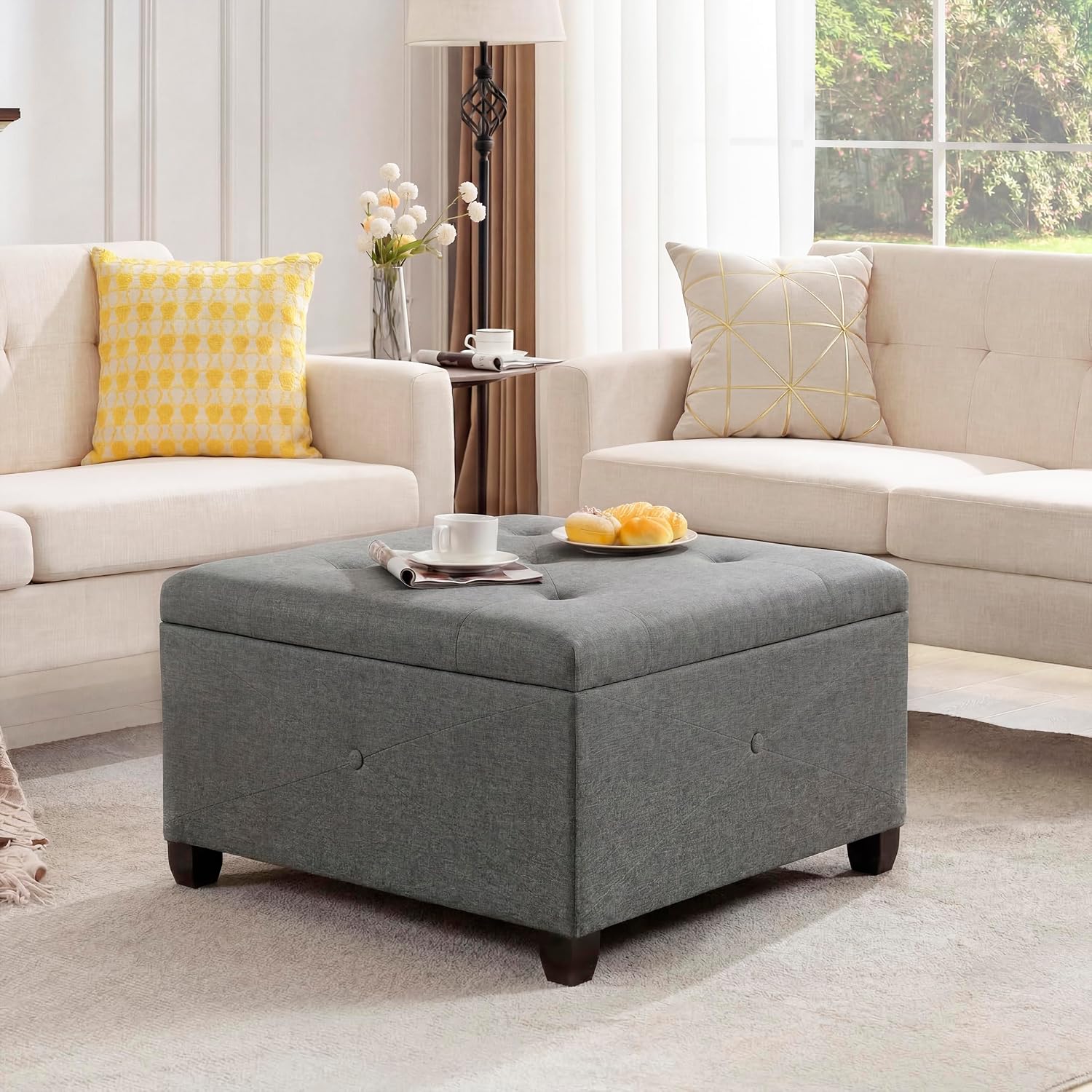 Homebeez 28.5' Tufted Storage Ottoman Bench | Multi-Panel Reinforced Fabric with Safety Pressure Hinges | for Living Room, Bedroom, Entryway | Foot Rest, Linen Ottoman, Cement Grey