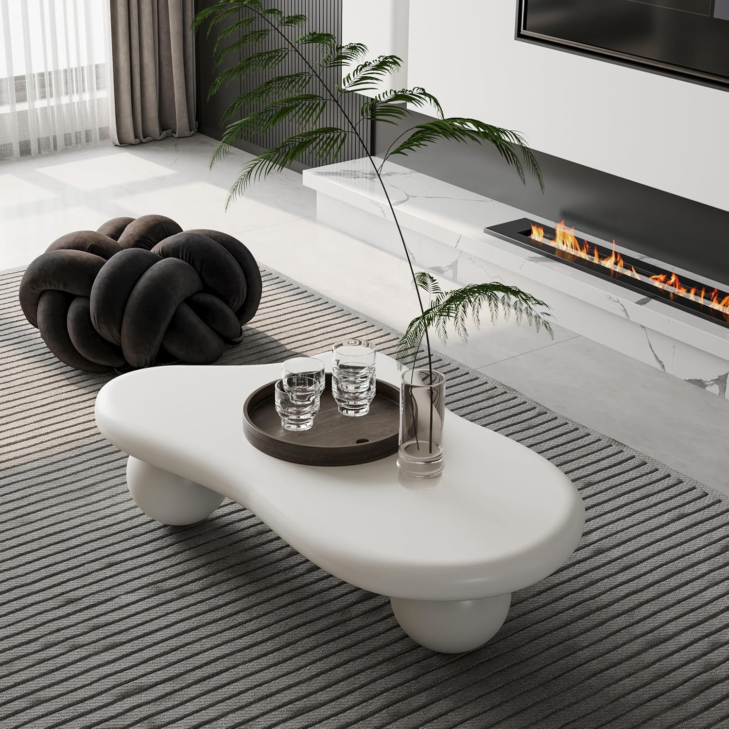 40' Irregular Cloud Coffee Table Asymmetrical Tea Table Low Coffee Table Unique Center Tables with 3 Ball Legs for Living Room Office Apartment Modern Furniture Cream White