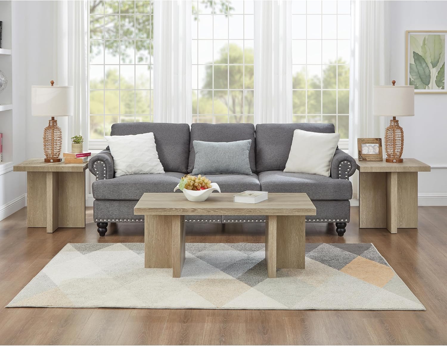 Roundhill Furniture Mchome 3-Piece Coffee Table Set, Coffee Table and Two End Tables, Oak Finish