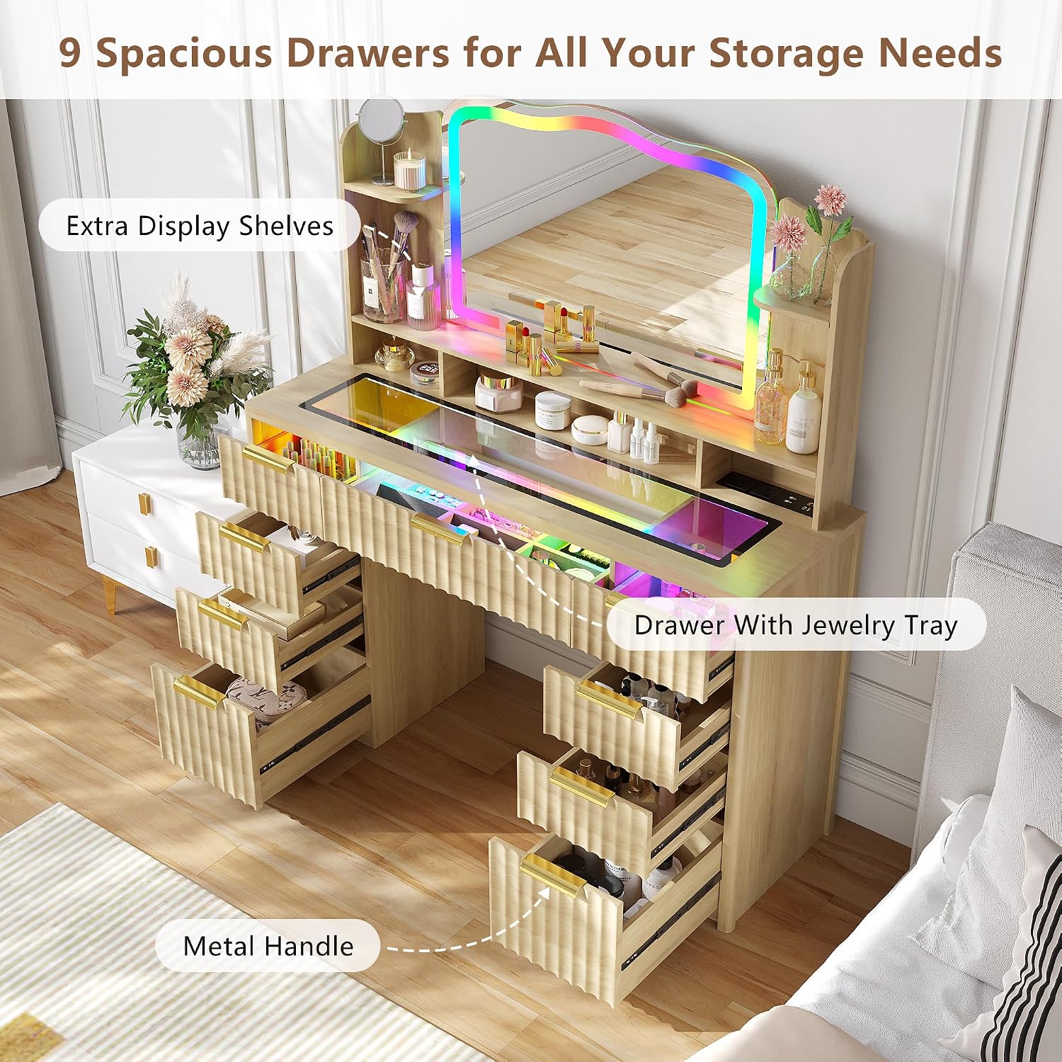 Fluted Makeup Vanity with Large Storage & RGB Lighting, Vanity Desk with 9 Drawers, Jewelry Organizer, Open Shelves & Charger Station, Dressing Table Gift for Women/Girls/Lady, Wood