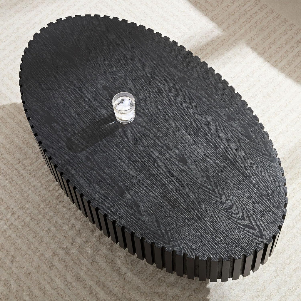Black Oval Coffee Table - Modern Wood Coffee Table for Living Room, Contemporary Circle Fluted Drum Design, Easy Assembly, 43.7'' x 24.8'' x 13.38''
