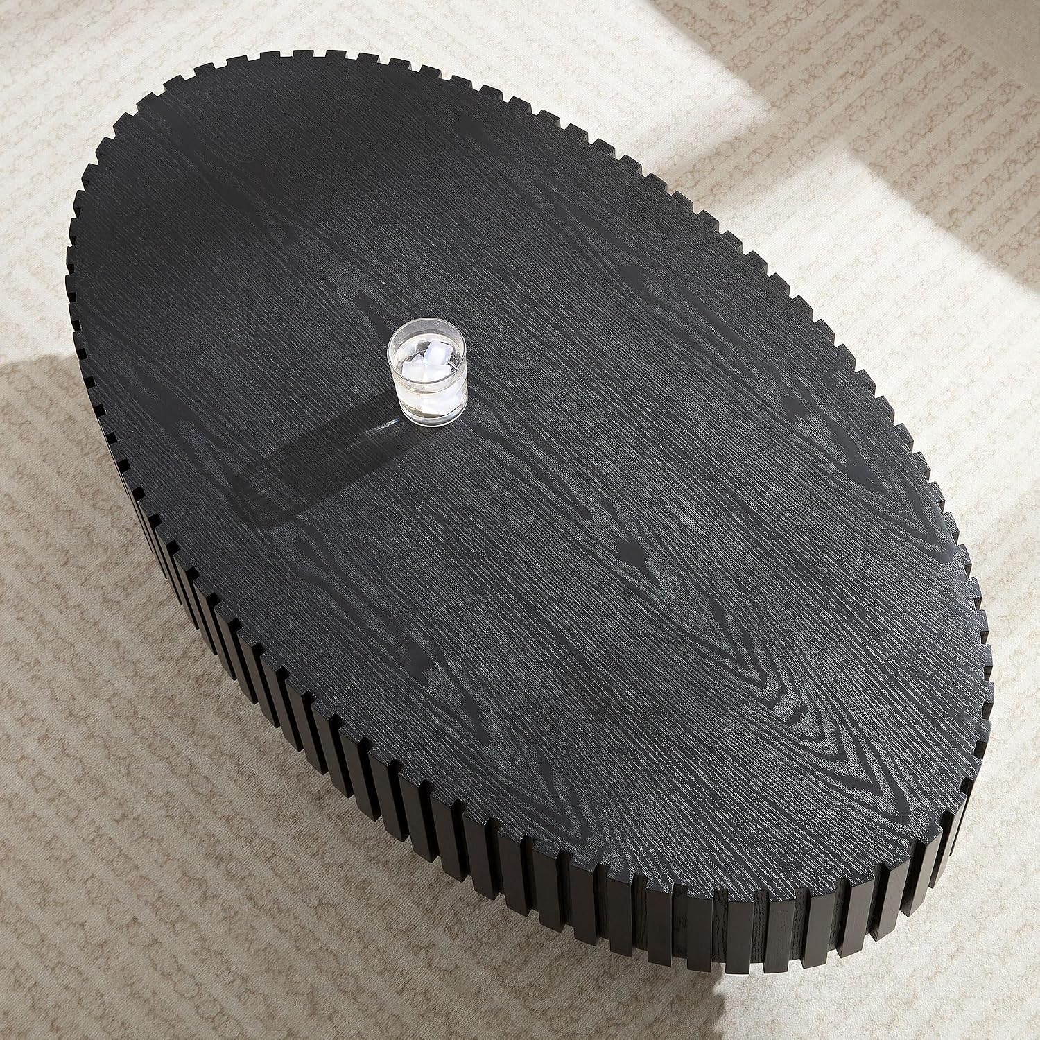 Black Oval Coffee Table - Modern Wood Coffee Table for Living Room, Contemporary Circle Fluted Drum Design, Easy Assembly, 43.7'' x 24.8'' x 13.38''