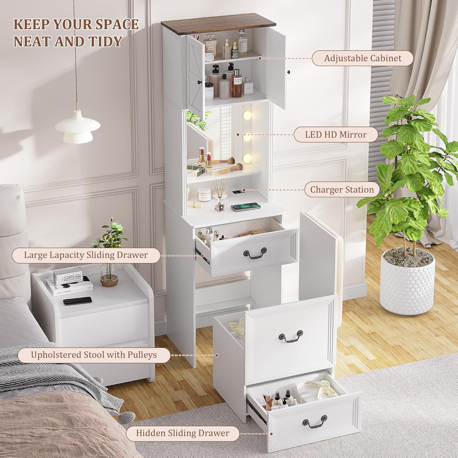 Compact Vanity with Mirror and Lights, Makeup Vanity Desk w/Storage Drawers & Shelves, Farmhouse Vanity Table with Hidden Chair for Bedroom, Dressing Table Gift for Girls Lady