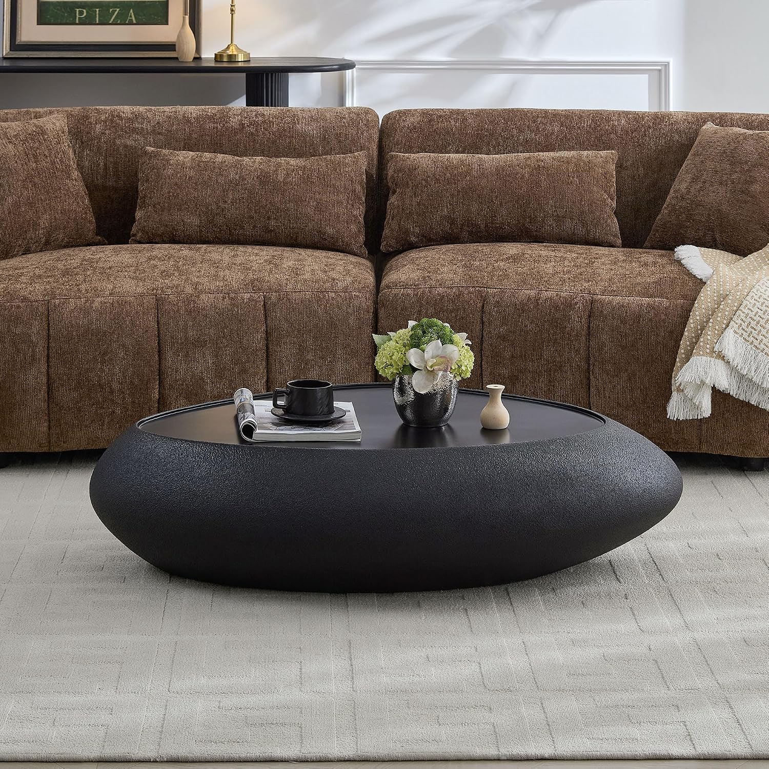 WILLIAMSPACE 47.24' Oval Coffee Table with Grainy Matte Rocks Pattern, Modern Faux Stone Irregular Center Table, Drum Fiberglass Coffee Table Accent Side Table End Table for Living Room (Black)