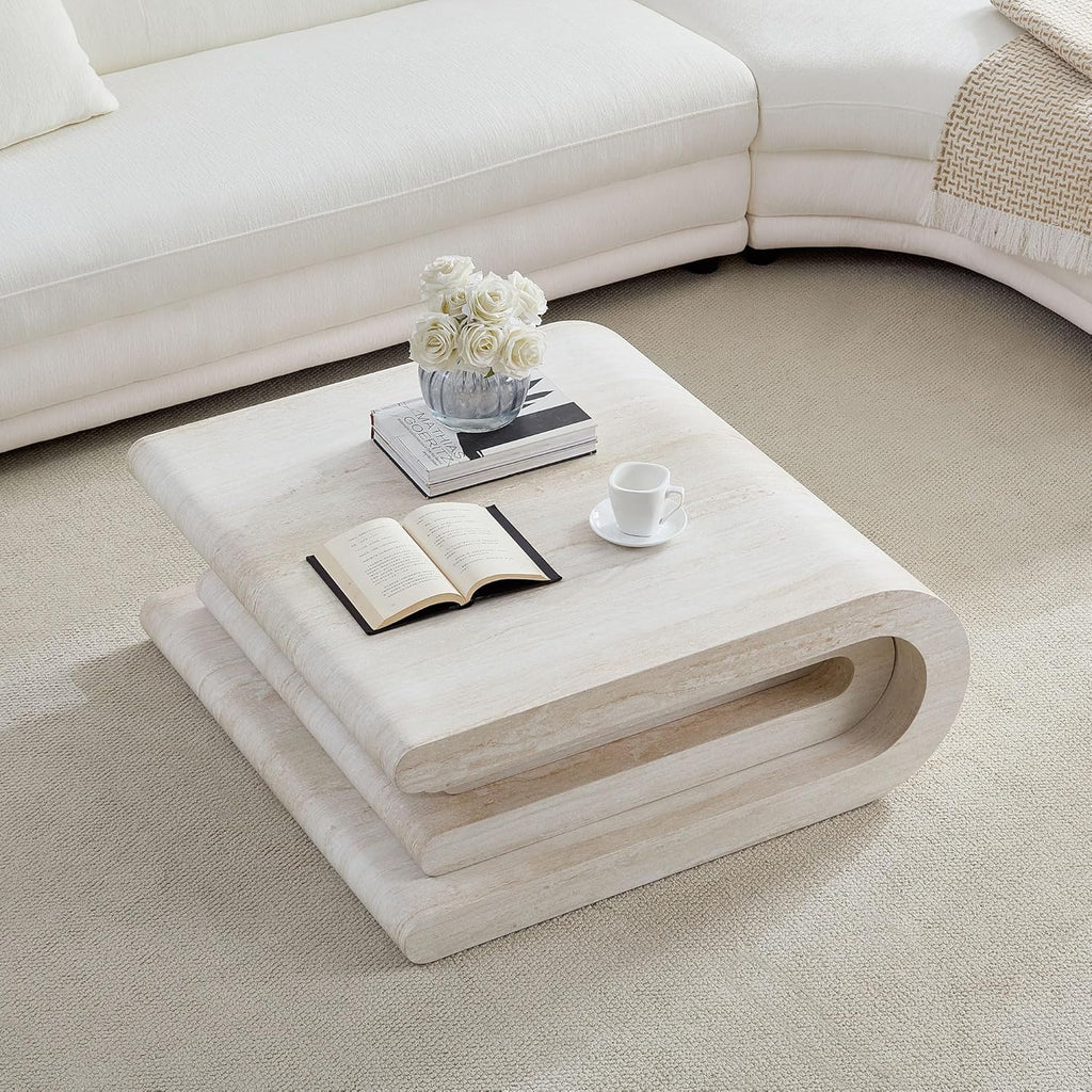 Coffee Tables for Living Room, Faux Mars Pattern Pedestal Coffee Tables Mid Century Modern Minimalist Side Tables Travertine Stone Pattern Accent End Table for Apartment, Fibgerglass