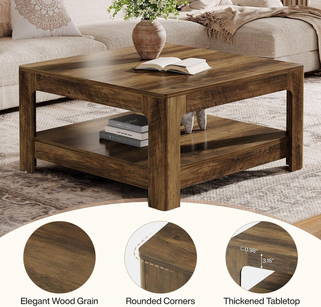 Tribesigns Square Coffee Table with Storage, 39.4-Inch Large Farmhouse Wooden Center Tea Accent Table for Living Room, Rustic Brown