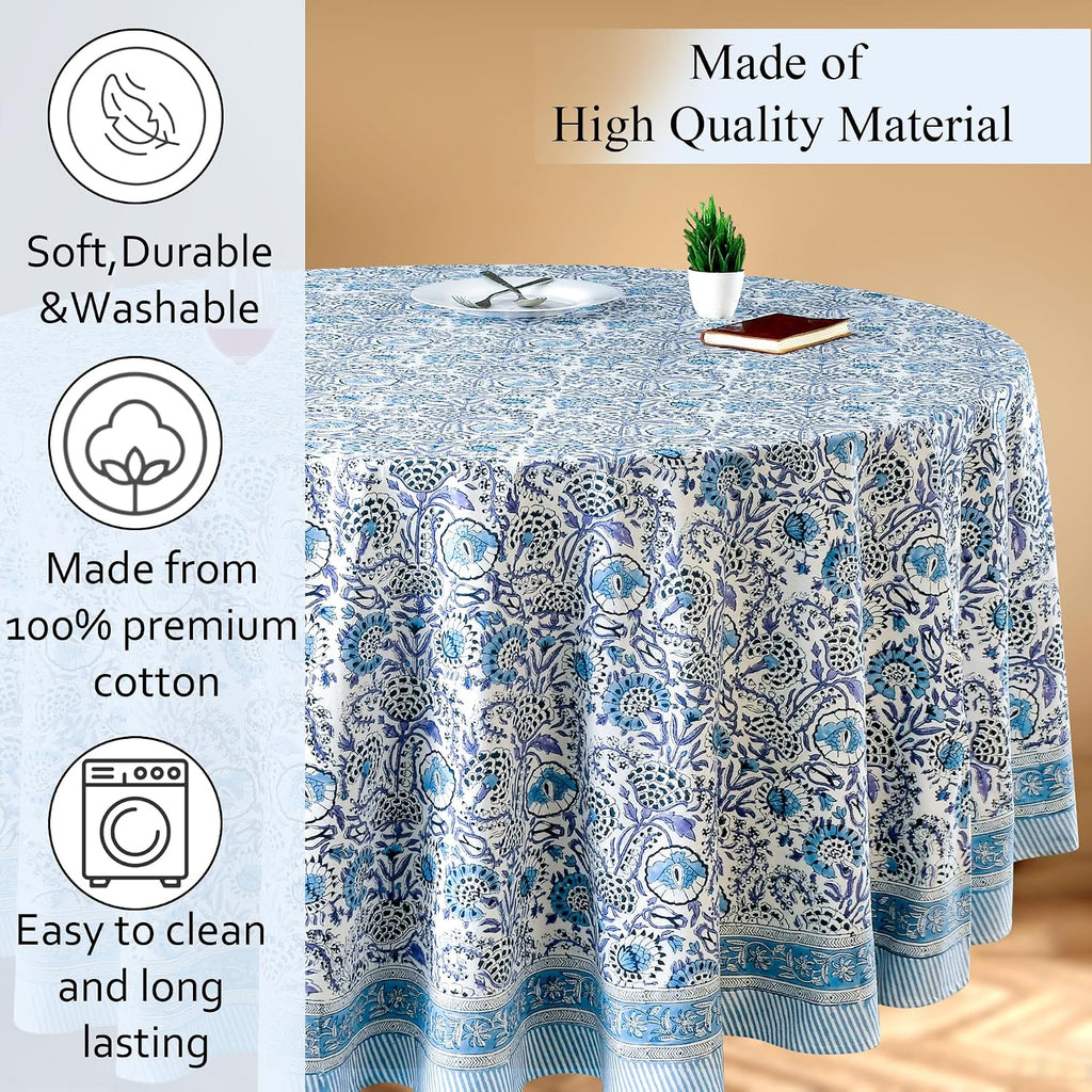 CPC Indigo Blue Block Print Cotton Handmade Round Tablecloth 120 Inch Decorative Table Cover for Home Decor, Dinning, Festive, Wedding, Farmhouse Gift for Spring, Mother's Day