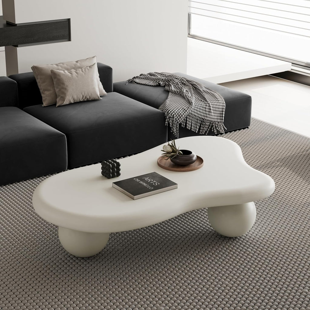 47' Cloud Coffee Table,Modern Cute End Table with Ball Legs,Small Round Edge Tea Table,Irregular Indoor Wood Coffee Table for Living Room, Bedroom, Small Space,Balcony,Patio Cream White