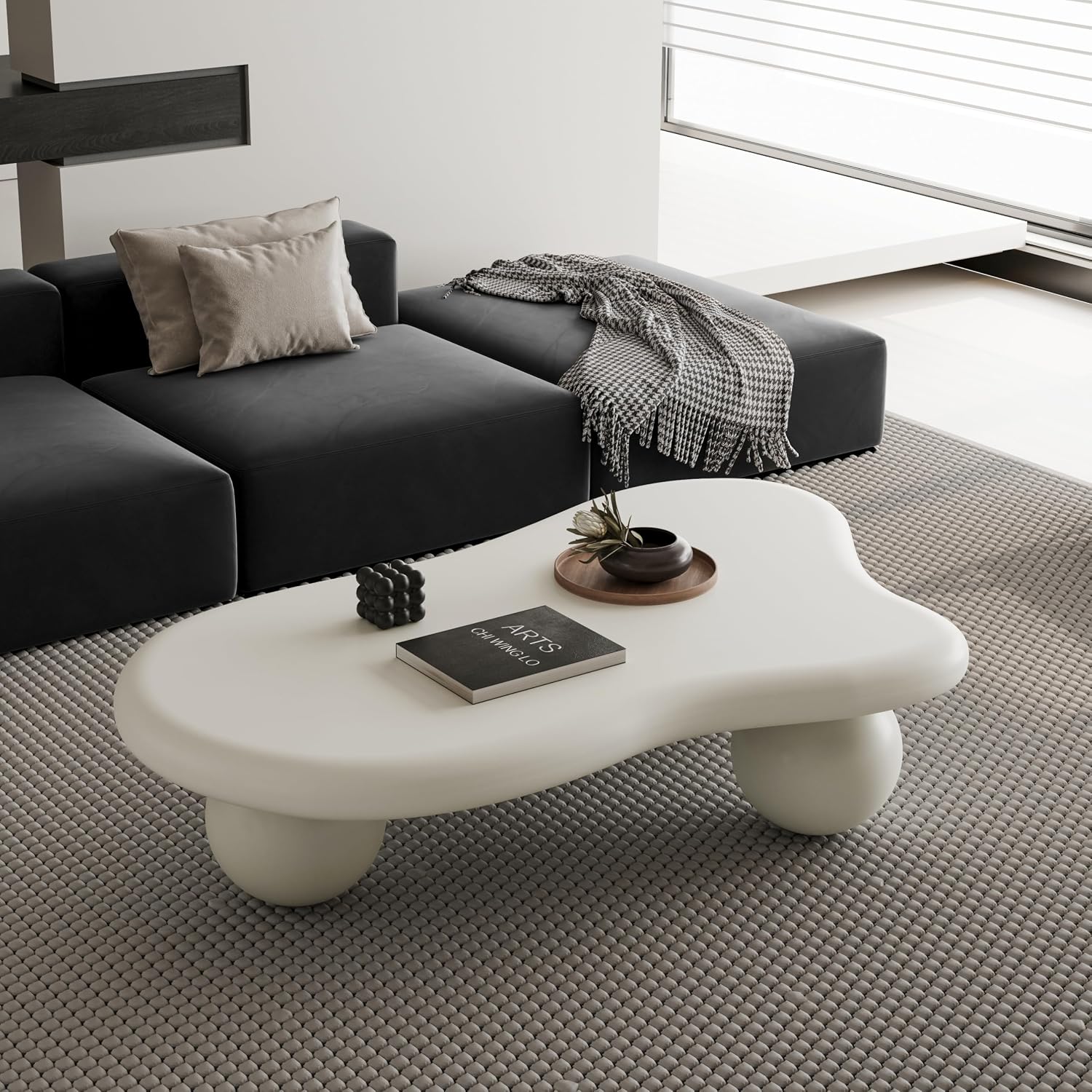 47' Cloud Coffee Table,Modern Cute End Table with Ball Legs,Small Round Edge Tea Table,Irregular Indoor Wood Coffee Table for Living Room, Bedroom, Small Space,Balcony,Patio Cream White