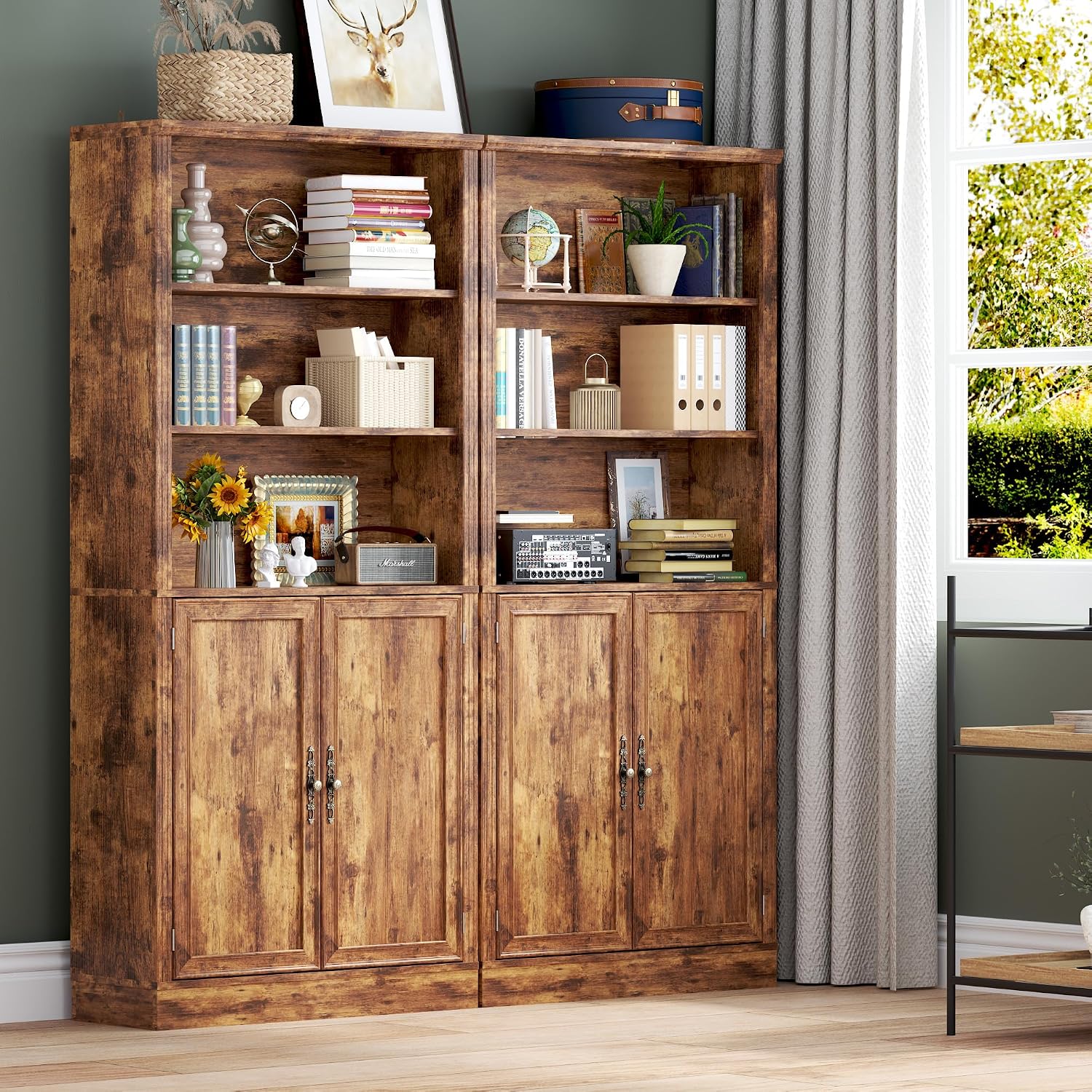 BORNOON 70.1' Tall Bookshelf with Cabinet, 5-Tier Floor Standing Bookcase with Doors & Adjustable Shelves, 31.5' Wide Storage Shelf, Metal Handles, Modern Organizer for Home Office, Living Room