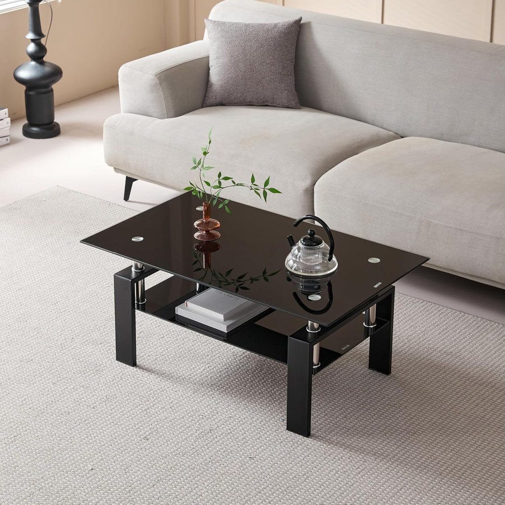 Glass Coffee Table for Living Room, Mordern Rectangle Tempered Glass Sofa Center Tables with Black Metal Leg for Home Office, Black