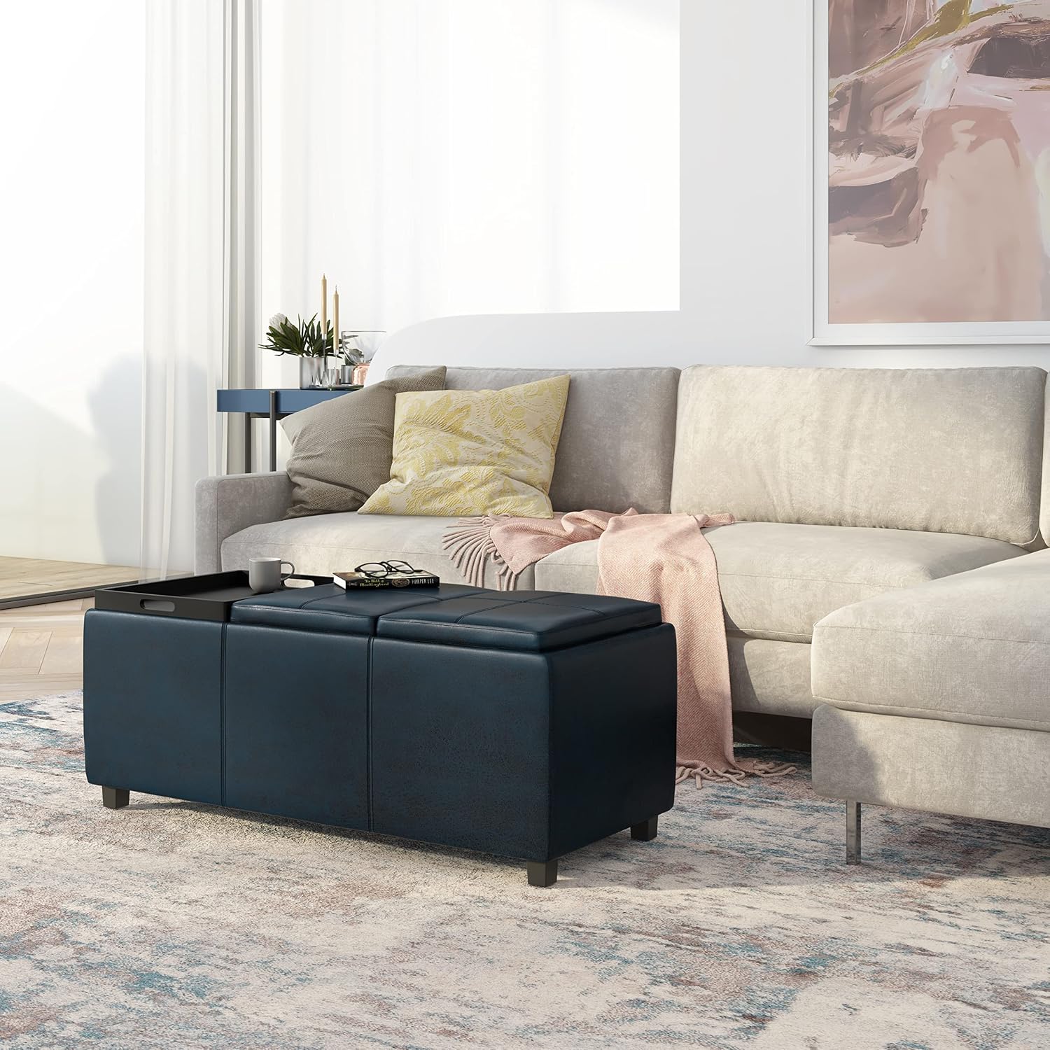 SIMPLIHOME Avalon Storage Ottoman - 42 inch Wide Upholstered Vegan Leather Rectangular Flip-Top Ottoman in Distressed Dark Blue, Contemporary Coffee Table Ottoman for Living Room with Hidden Storage