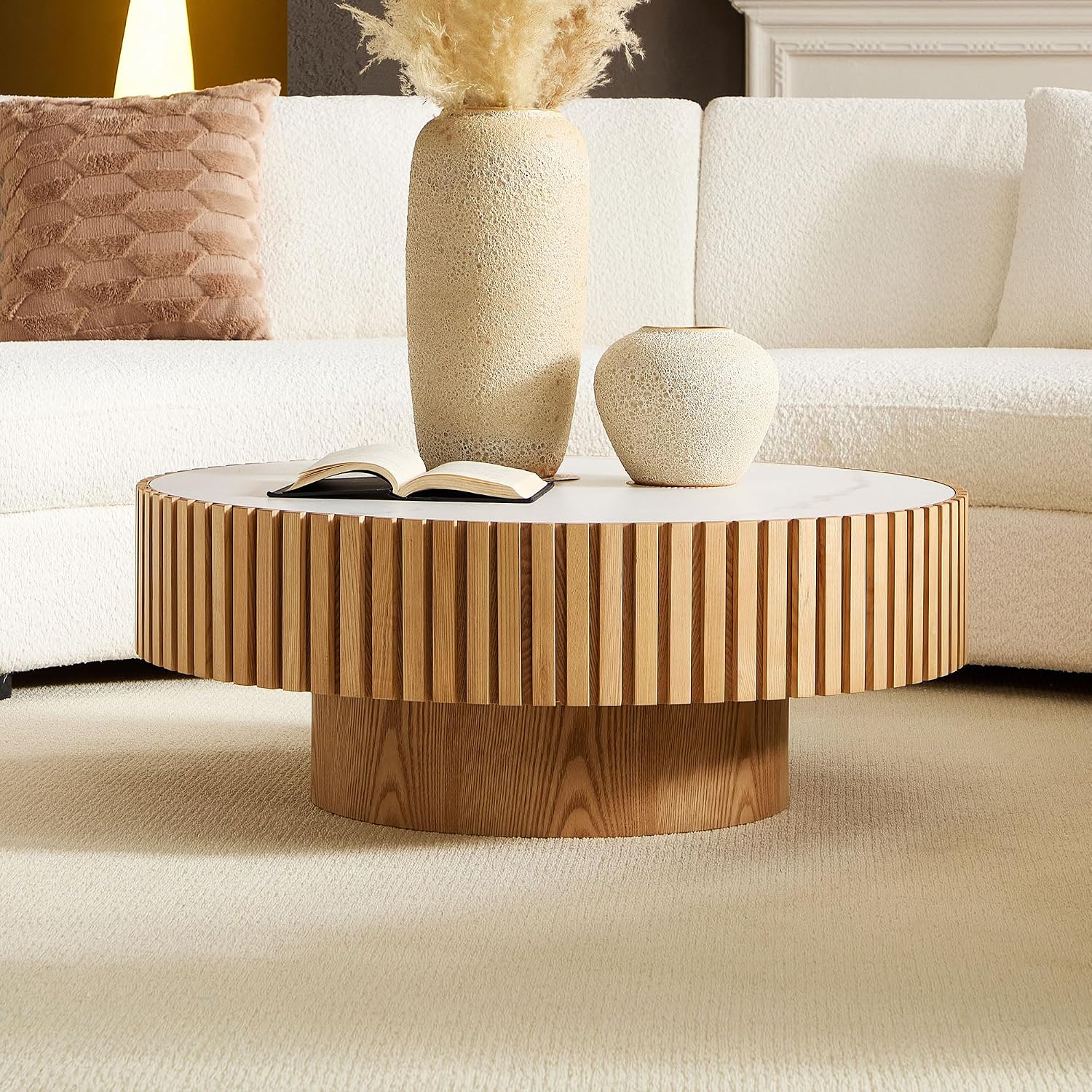 SOFTSEA Wood Coffee Table, 35.43' Round Center Table with Sintered Stone Tabletop for Living Room, Apartment, Ash