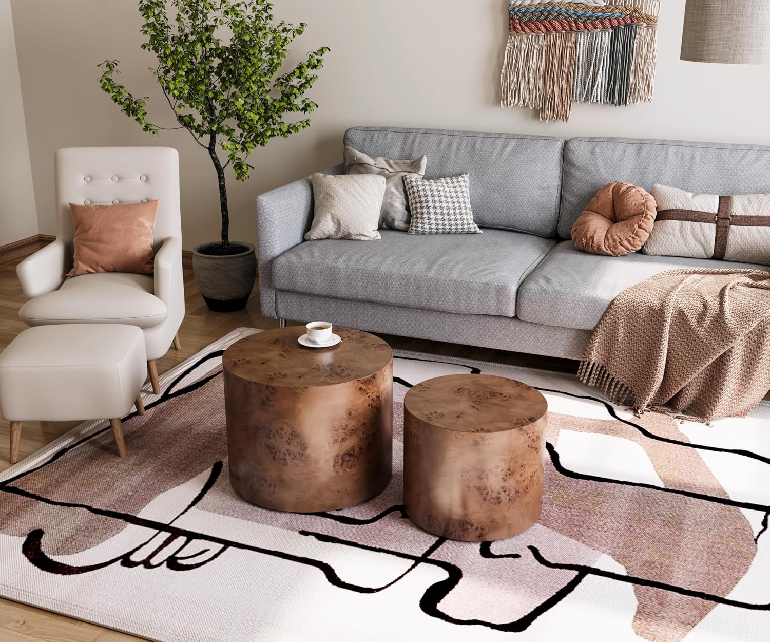 Nesting Coffee Table Set of 2, Modern Round Coffee Table, Wooden Circle Accent Tables for Small Spaces Living Room Bedroom Balcony Office Drum Side Table, Brown Burl