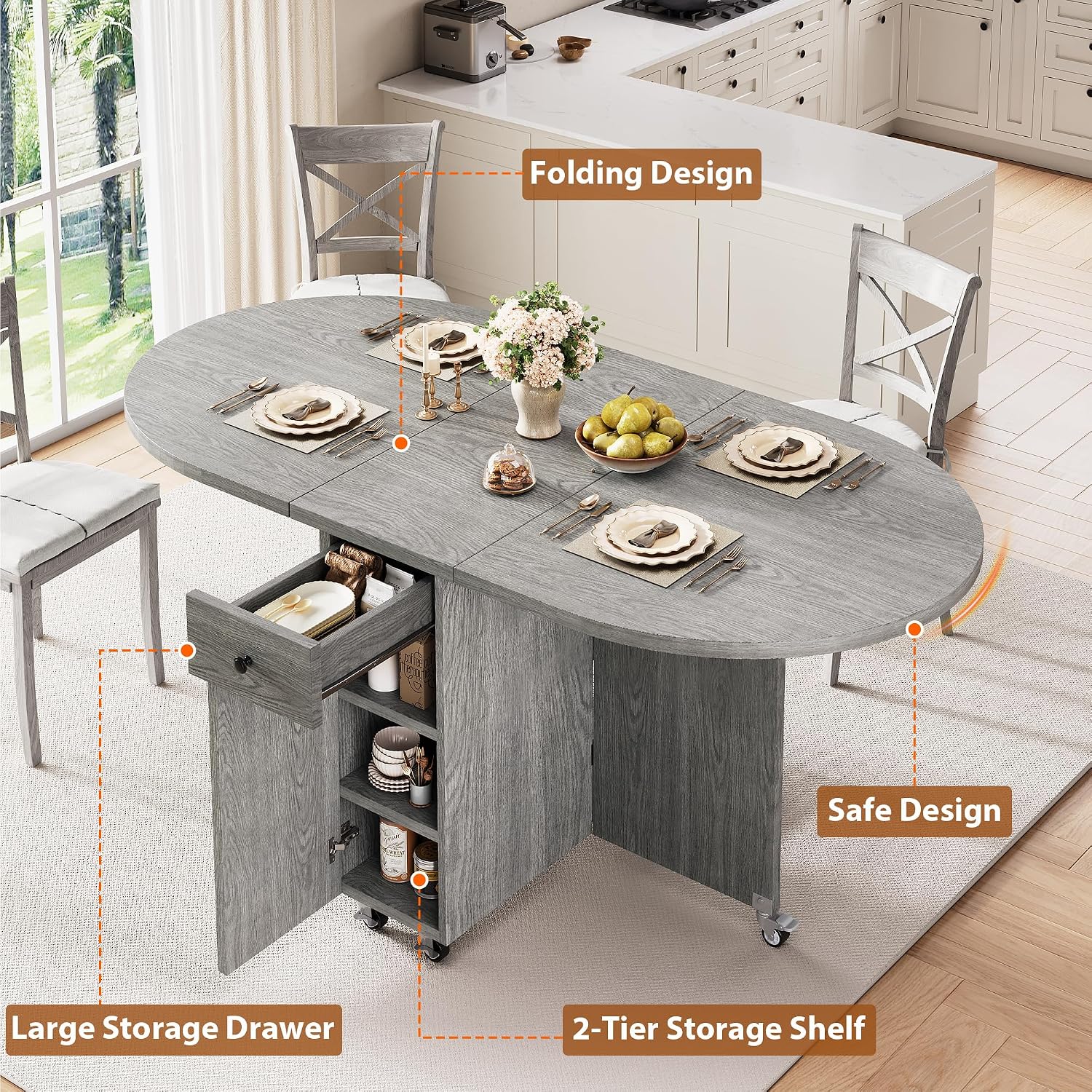 Jocoevol Round Folding Dining Table for 4, Space Saving Drop Leaf Kitchen Table with Storage Drawer, 6 Wheels Oval Gateleg Foldable Dining Table for Small Spaces (Grey, 47' x 23.6' x 30')