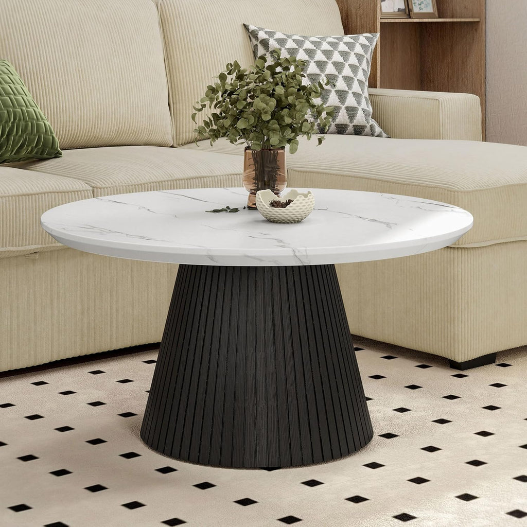 Furniture of America Coraly Modern 36-inch Round Coffee Table with High Gloss Faux Marble Top and Fluted Pedestal Base for Small Space, Living Room, Home Office, Black and White