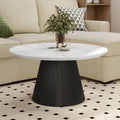 Furniture of America Coraly Modern 36-inch Round Coffee Table with High Gloss Faux Marble Top and Fluted Pedestal Base for Small Space, Living Room, Home Office, Black and White
