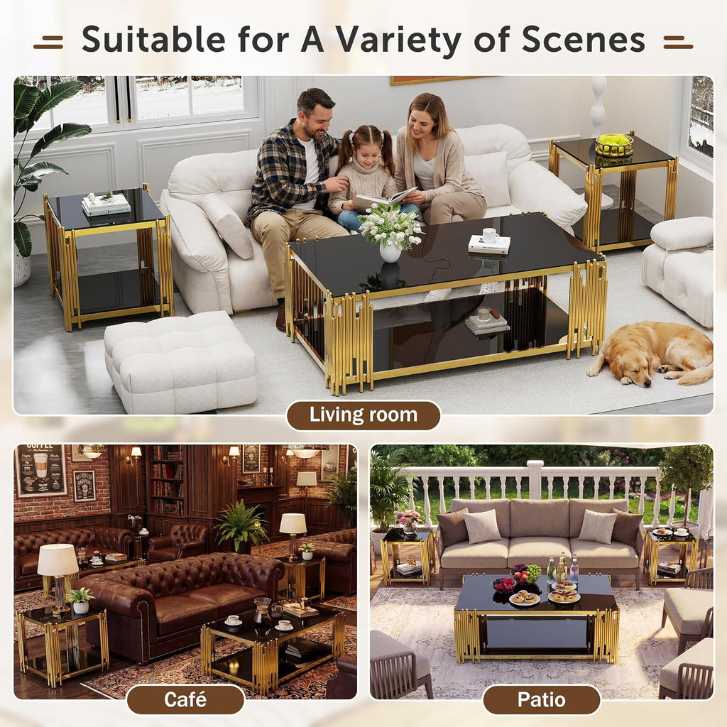 51' Black Glass Coffee Table Set of 3, Modern Luxury Gold End Table for Living Room Rectangle Tempered Glass Top Stainless Steel Leg, 20' Square Side Tables, Extra Large Size