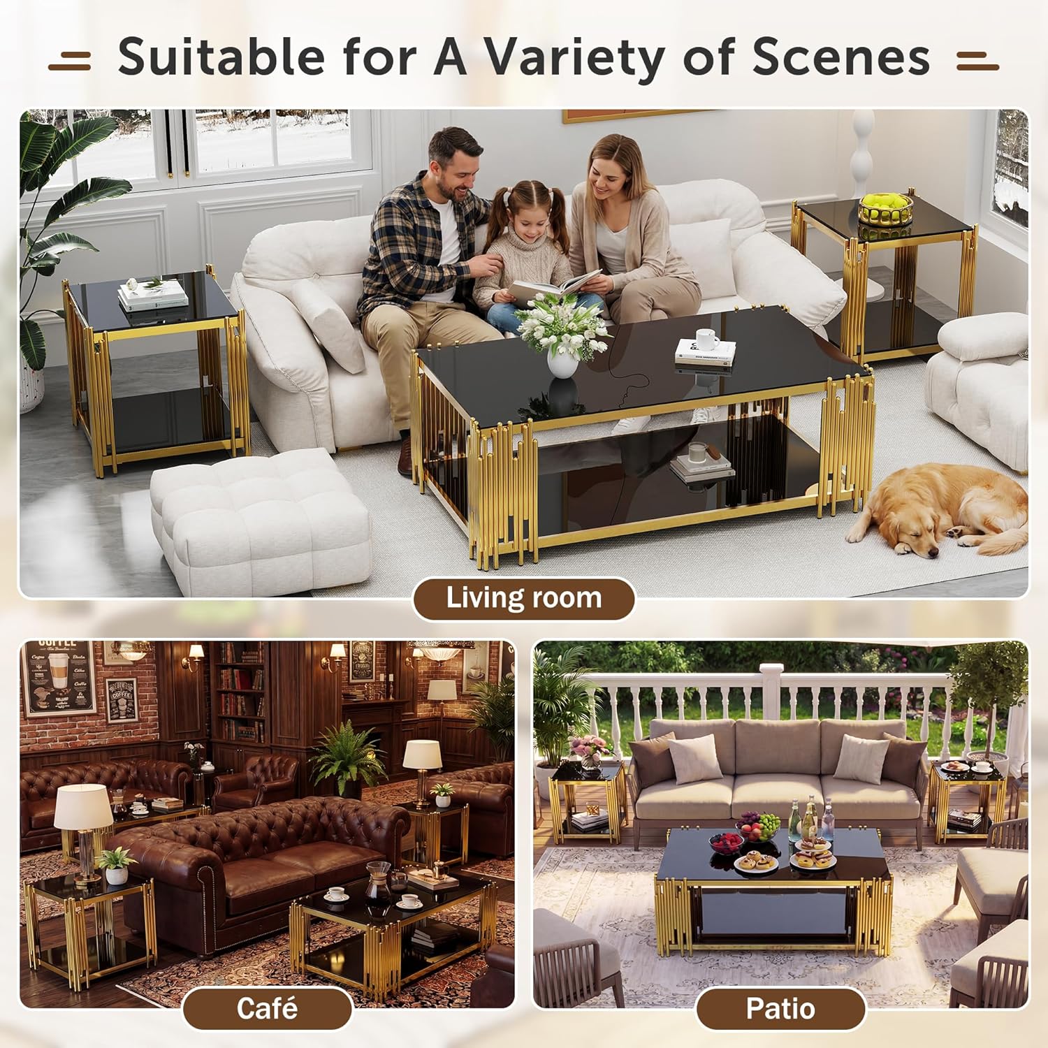 51' Black Glass Coffee Table Set of 3, Modern Luxury Gold End Table for Living Room Rectangle Tempered Glass Top Stainless Steel Leg, 20' Square Side Tables, Extra Large Size