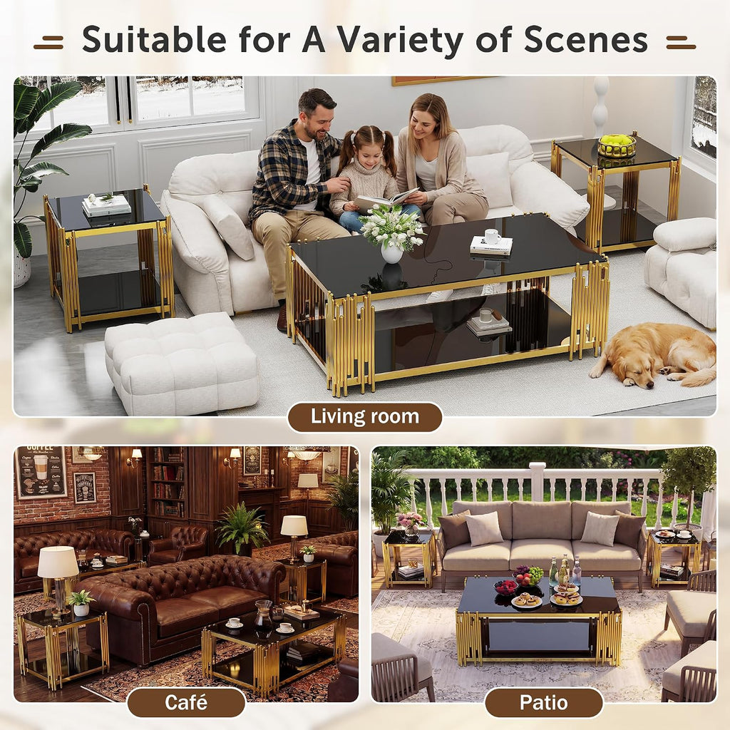 Gold Glass Coffee Table Black Modern Living Room Table Stainless Steel Metal Leg Large Rectangular Tempered Glass Center Tables for Home Office (Black, 51' Coffee Table)