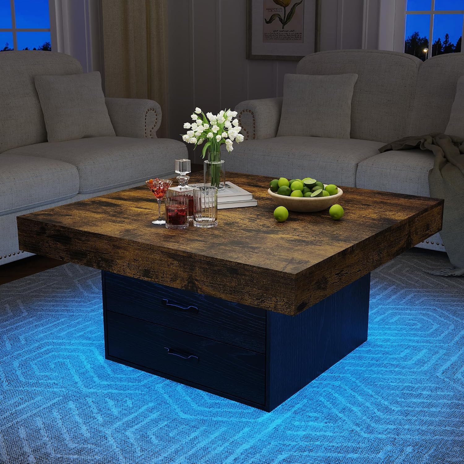 Square Coffee Table with LED Lights, 35.4' Coffee Tables for Living Room, Engineered Wood Modern Center Table with 2 Drawers for Home, Office (Black)