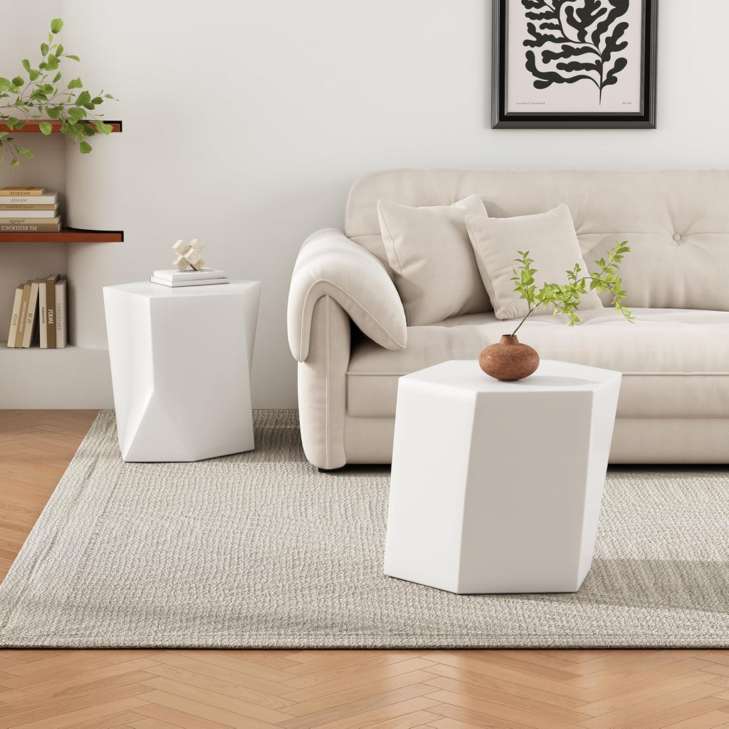 Merax Modern Mgo Coffee Table Set, 2 Piece Geometric Side Table Includes 1 Pentagon-Topped Table & 1 Hexagon-Topped Table for Living Room Office, White