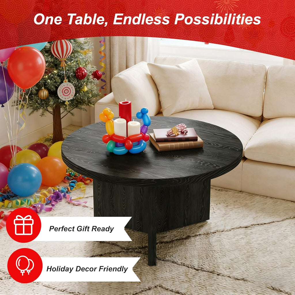 Luoxiao 31.5' Black Round Coffee Table Modern Circle Center Table for Living Room, Space-Saving Wood Accent Table for Apartments, Study, with Adjustable Feet Pads, Easy Assembly