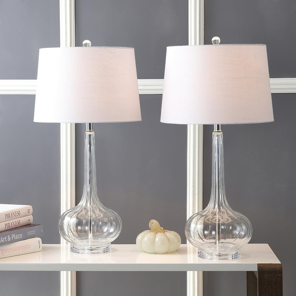JONATHAN Y 28.5' Clear Glass Teardrop LED Table Lamp Set of 2 for Living Room Bedroom Nightstand, White Linen Shade Modern Transitional Bedside Desk Lamp (JYL1079C-SET2)
