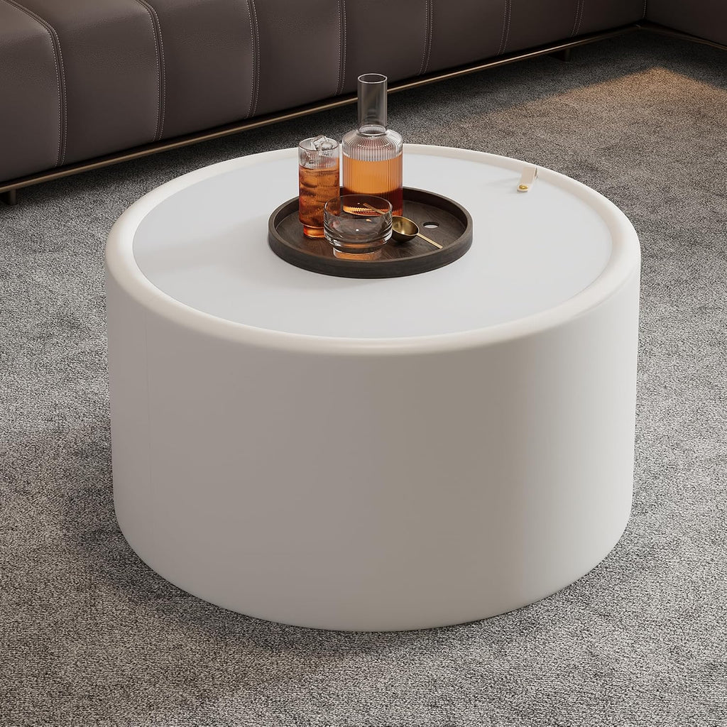 White Round Coffee Table with Hidden Storage, 27.56' Drum Coffee Table with Tempered Glass Top and PU Leather Body, Circle Cocktail Tea Table for Living Room, No Assemble