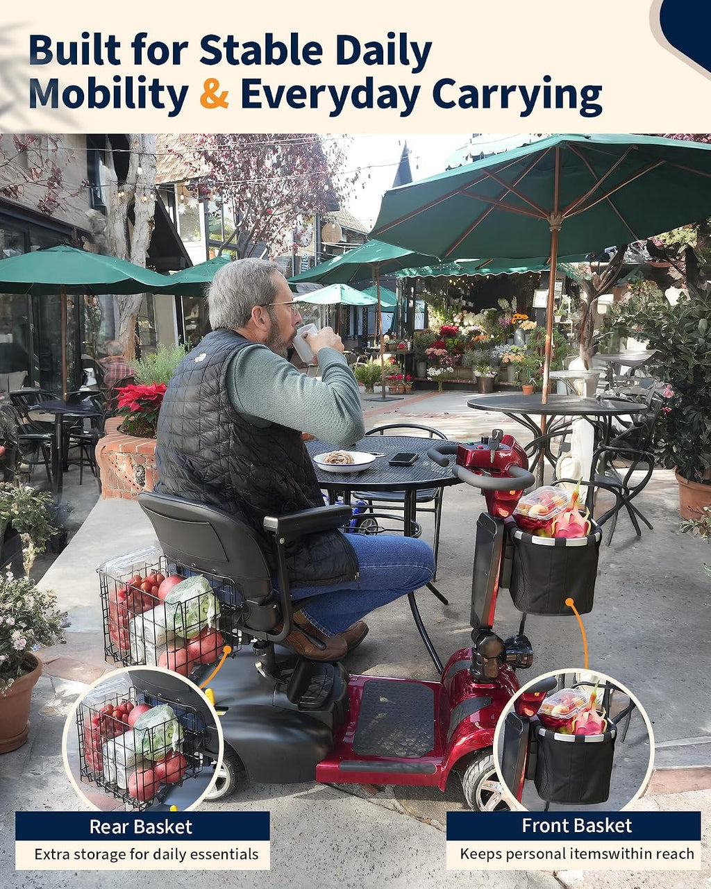 Ecomobi 20-45 Miles Mobility Scooter for Seniors & Adults, 4 Wheel Motorized Mobility Scooter for Travel, Removable Lithium Battery, 350W Motor, Dual Baskets, 300 lb Capacity, GPS Tracker,Red,18ah