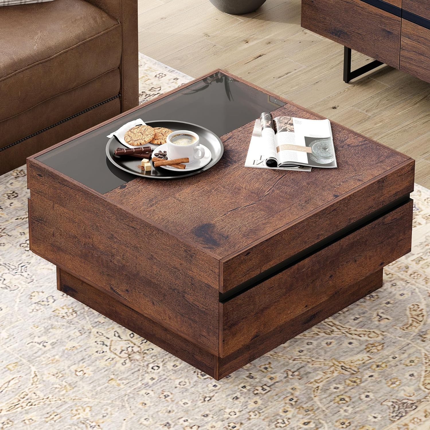WAMPAT Modern TV Stand and Coffee Table Set of 2, Storage Entertainment Center for TVs Up to 75 inch, Square Center Table with Tempered Glass and Storage Drawers for Living Room, Brown